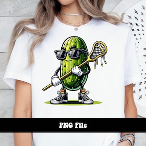 May include: A cartoon pickle wearing sunglasses and holding a lacrosse stick. The pickle is green and has a white and black face. The lacrosse stick is yellow and has a black net.