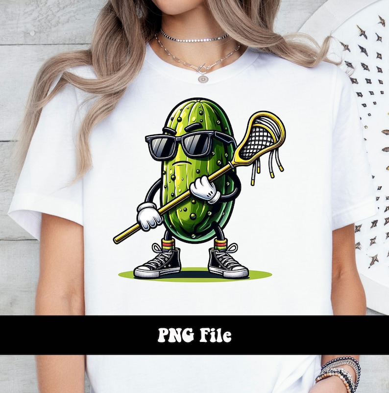 May include: A cartoon pickle wearing sunglasses and holding a lacrosse stick. The pickle is green and has a white and black face. The lacrosse stick is yellow and has a black net.