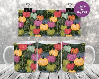Fall Pumpkins Mug Wrap Png, Autumn 11oz and 15oz Mug Sublimation Design Png, Boho Colorful Pumpkins Halloween Mug Png, Digital Download