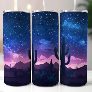Desert Night Sky Cactus and Stars Tumbler Wrap, 20oz Skinny Tumbler Wrap PNG Country Western Desert Sky Celestial Wrap PNG for Sublimation