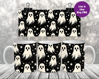 Spooky Ghosts Halloween Mug Wrap Png, 11oz and 15oz Mug Sublimation Design Png, Halloween Mug Png, Digital Download
