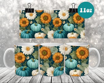 Può includere: Tazze da caffè in ceramica bianca con un design a tema autunnale con girasoli, zucche e margherite su sfondo blu scuro. L'immagine include anche una stampa abbinata tenuta da una clip e un cerchio turchese con il testo "11oz".
