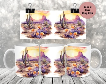 Envoltura para taza con atardecer en el desierto (PNG), diseño de sublimación para taza de 11 oz y 15 oz, envoltura para taza con plantas y flores del desierto (PNG), descarga digital