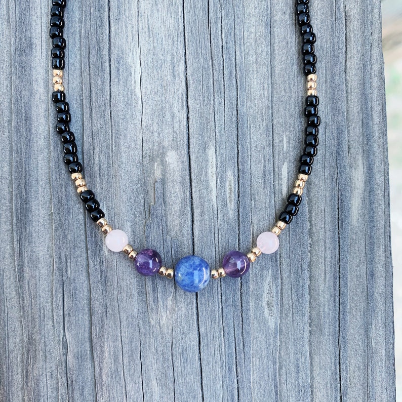 crystal necklace beaded choker anxiety necklace beaded necklace Sodalite amethyst and rose quartz beaded choker necklace