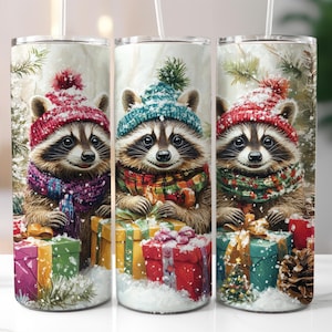 Christmas Raccoons Festive Tumbler Wrap, 20oz Skinny Tumbler Wrap PNG, Holidays Xmas Christmas Cute Animal Tumbler Wrap PNG for Sublimation