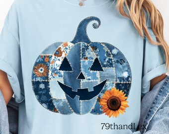 Halloween Patchwork Pumpkin PNG, Jack o Lantern Faux Denim Pumpkin Png, Boho Fall Pumpkin Png, T-shirt Sublimation Design, Digital Download