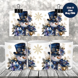 Blue and Gold Snowman Mug Wrap PNG, Christmas 11oz 15oz Mug Sublimation Design, Xmas Holidays Festive Mug Wrap Png, Digital Download