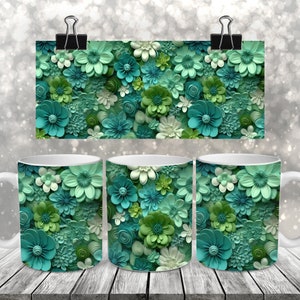 Envoltura para taza con flores verdes, envoltura para sublimación de tazas de 11 oz y 15 oz, taza floral PNG, envoltura para taza con flores 3D, diseño de taza, envoltura para taza con flores verdes #D PNG