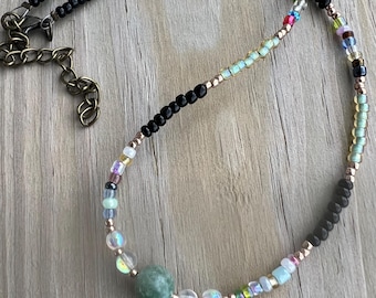 Colorful beaded choker with jade, beaded necklace, layer choker, jade beaded choker necklace, dainty summer colorful choker