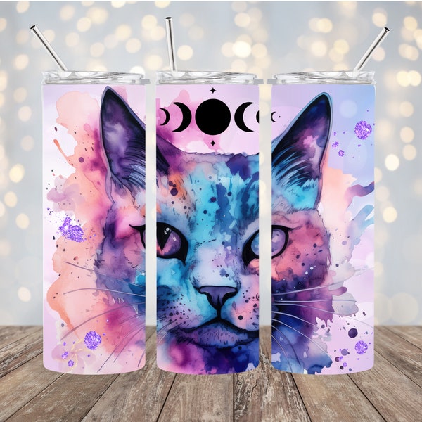 Mystical Cat and Moon Phase 20oz Skinny Tumbler Sublimation Design Digital Download PNG Purple and Blue Cat Lady Tumbler Wrap PNG