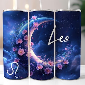 Leo Zodiac Sign Tumbler Wrap, 20 oz Skinny Sublimation Astrology Tumbler Design PNG, Moon Celestial Floral Leo Tumbler Wrap Design Png