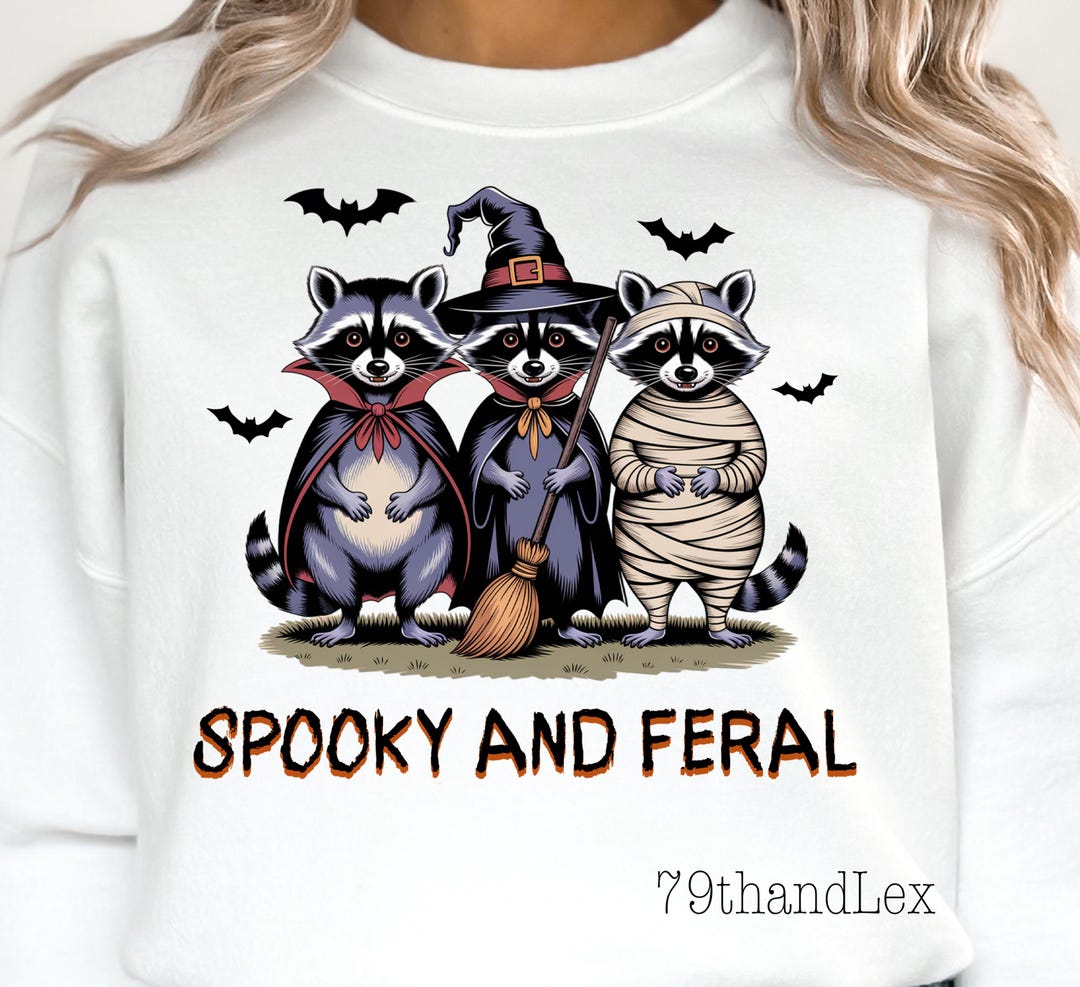 Spooky and Feral Halloween Raccoon PNG: Retro Witch Vampire Mummy T ...