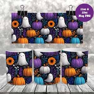 Halloween Ghosts mokomslag png, 11oz en 15oz mokomslag sublimatie ontwerp png Leuke kleurrijke herfst herfstpompoenen Spooky Ghosts mokomslag png