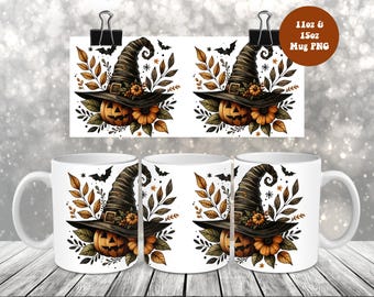 Adesivo per tazza con zucca e strega in formato PNG, per tazze da 11 oz e 15 oz, design retrò per Halloween con stampa a sublimazione, download digitale.