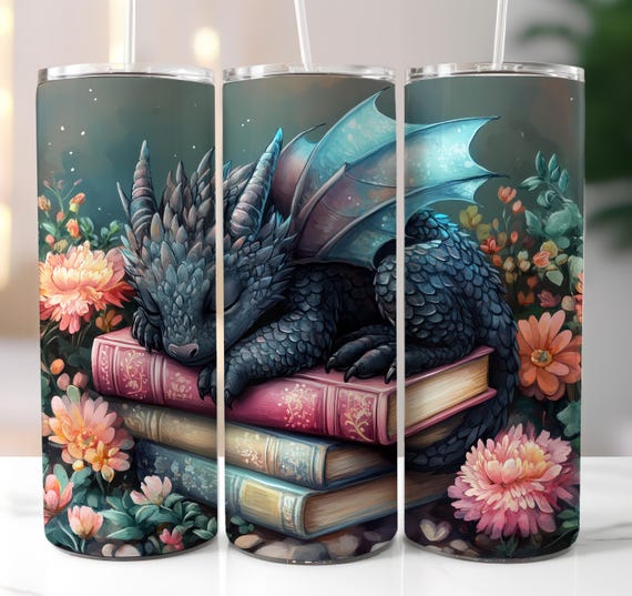 Dragon Sleeping on Books Tumbler Wrap, 20oz Skinny Tumbler Wrap PNG, Reading Books Bookish Book Club Dragon Fantasy Tumbler Wrap Design PNG