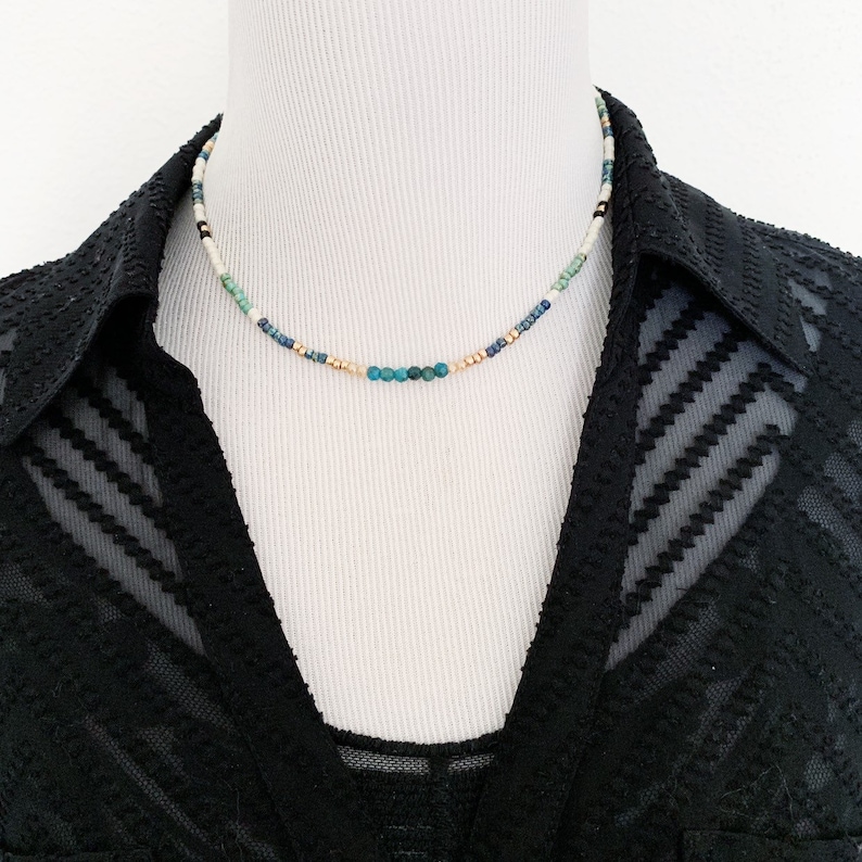 beaded choker layer necklace colorful necklace seed bead necklace Boho beaded choker necklace with blue apatite crystals