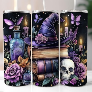 May include: A set of three purple and black tumbler cups featuring a witch's hat, books, flowers, butterflies, and a skull design. The cups are decorated with a dark background and have a black and white striped straw.