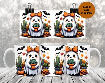 May include: White ceramic mugs with a Halloween-themed design. The design features a cartoon ghost holding a potted succulent, surrounded by pumpkins, bats, and fall leaves. An orange bow adorns the ghost's head. The image also shows a printout with the text "11oz & 15oz Mug PNG".