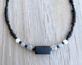 Black Tourmaline Labradorite Moonstone Beaded Choker, Crystal Beaded Necklace, Protection Beaded Choker Necklace, Witchy Necklace