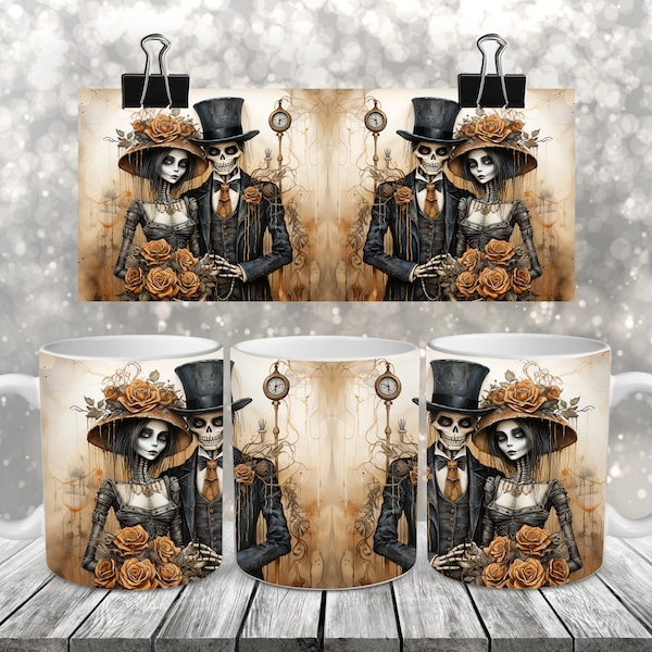 Skelett Paar Vintage Halloween Becher Wrap, 11 Unzen und 15 Unzen Becher Sublimation Wrap, Becher PNG, Halloween Skeleton Lovers Becher Wrap PNG