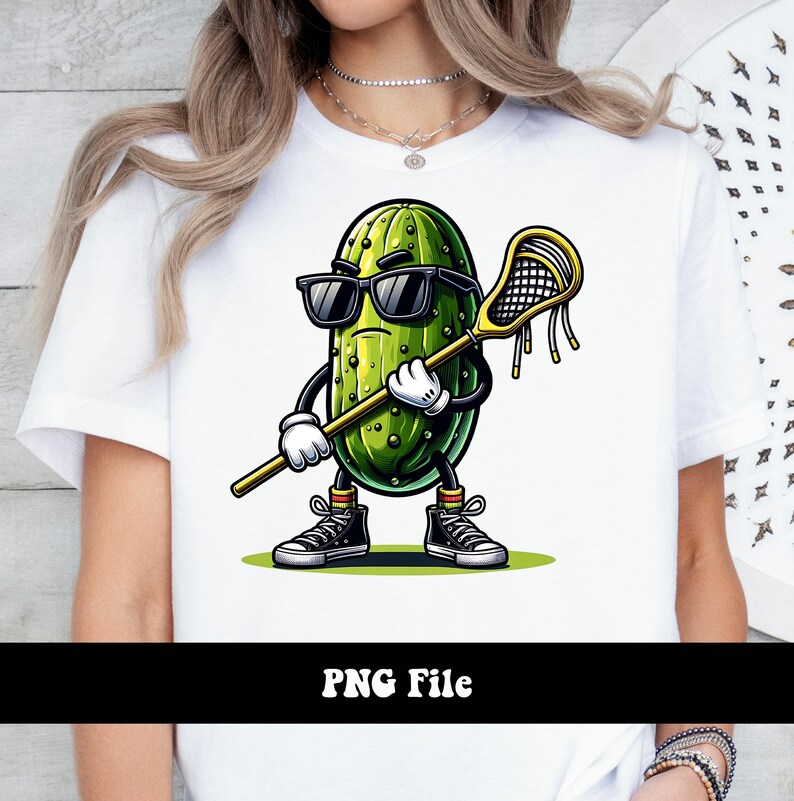 May include: A cartoon pickle wearing sunglasses and holding a lacrosse stick. The pickle is green and has a white face with a black mouth and eyes. The lacrosse stick is yellow and has a black net.