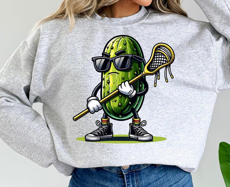 May include: A gray sweatshirt with a cartoon pickle wearing sunglasses and holding a lacrosse stick. The pickle is wearing sneakers and has a green and white striped sock on one foot.
