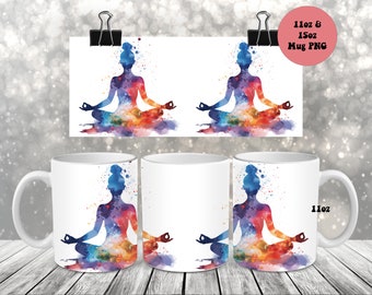 Yoga Mug Wrap PNG, 11oz and 15oz Mug Wrap Sublimation Design Png, Watercolor Meditation New Age Mug Wrap, Digital Download