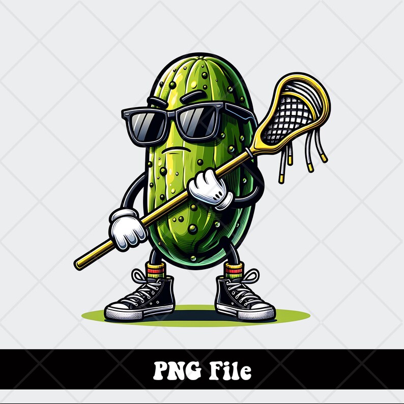 May include: A cartoon pickle wearing sunglasses and sneakers holds a lacrosse stick. The pickle is green with a brown stem and has a serious expression.