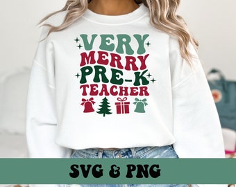 Very Merry Pre-K Teacher SVG and PNG, Funny Christmas SVG, Festive Retro Groovy Trendy svg Xmas Pre-K Teacher Christmas svg and png