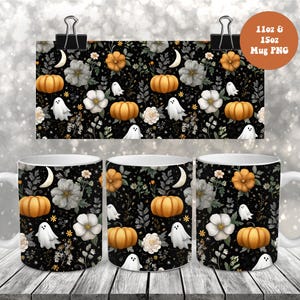 Halloween mokomslag png, mokomslagdoek 11oz en 15oz sublimatieontwerp png, spookachtige geesten pompoenen bloemen mokomslag ontwerp png herfst mokomslag png