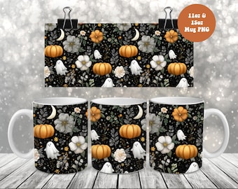 Adesivo per tazza con fantasmi spettrali in formato PNG, design per sublimazione di tazze di Halloween da 11 oz e 15 oz in formato PNG, adesivo per tazza con zucche, fiori e luna in formato PNG, download digitale
