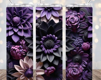 Purple and Black Flowers 20oz Skinny Tumbler Wrap Sublimation Design PNG, 3D Flowers Floral Tumbler Wrap PNG, Digital Download