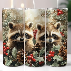 Raccoon Christmas Tumbler Wrap, 20oz Skinny Tumbler Wrap PNG, Holidays Festive Cute Animals Xmas Raccoons Tumbler Wrap PNG for Sublimation