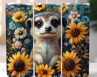 Meerkat and Sunflowers Tumbler Wrap PNG, 20oz Skinny Tumbler Sublimation Design, Animal Flowers Floral Tumbler Png, Digital Download