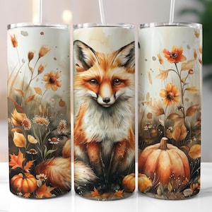 Fox Autumn Fall Tumbler Wrap 20oz Skinny Tumbler Wrap Sublimation Design Fox Cute Animal Autumn Leaves Pumpkin Tumbler PNG Digital Download