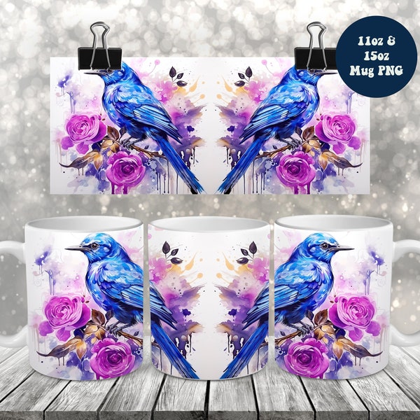 Bluebird Mug Wrap PNG, 11oz and 15oz Mug Sublimation Wrap, Mug Wrap, Bluebird Bird Watching Birding Mug Wrap Design PNG 15 oz and 11 oz