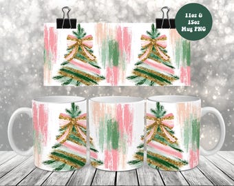 Christmas Tree Coquette Bow Mug Wrap PNG, Xmas Holidays 11oz 15oz Mug Sublimation Design, Artistic Pastel Xmas Mug Wrap Png Digital Download
