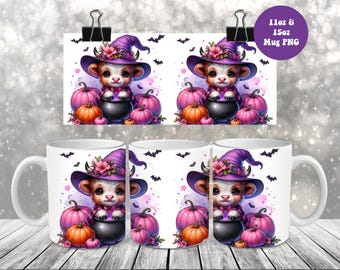 Highland Cow Witch Halloween Mug Wrap PNG, Spooky Witchy 11oz + 15oz Mug Wrap Sublimation Design Png, Autumn Fall Mug Png, Digital Download