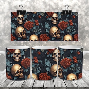 Skulls and Roses Goth Mug Wrap PNG, 11oz and 15oz Mug Sublimation Design, Mug Wrap PNG, Spooky Halloween Skull Gothic Mug Wrap PNG