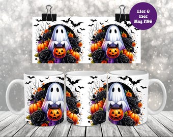 Adesivo per tazza di Halloween con fantasmi spettrali PNG, adesivo per tazza da 11 oz + 15 oz con design per sublimazione PNG, tazza con zucca e pipistrelli per dolcetto o scherzetto PNG, download digitale