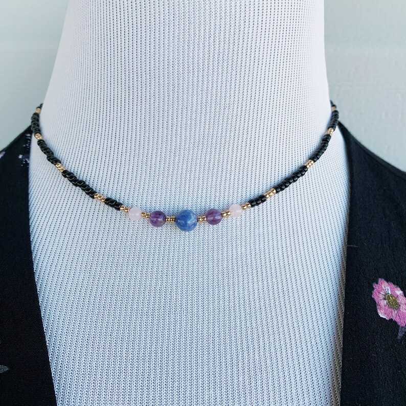 crystal necklace beaded choker anxiety necklace beaded necklace Sodalite amethyst and rose quartz beaded choker necklace