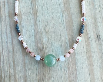 Aventurine sunstone and aquamarine beaded choker necklace, abundance manifestation necklace, crystal choker necklace,
