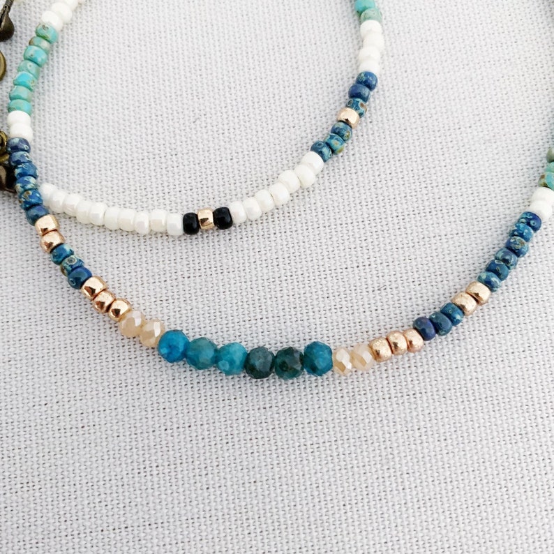 beaded choker layer necklace colorful necklace seed bead necklace Boho beaded choker necklace with blue apatite crystals