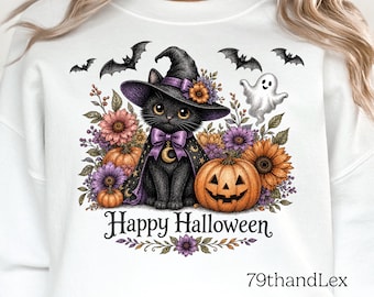 Happy Halloween Cat Witch PNG, Spooky Autumn Fall Png, T-shirt Sublimation Design Png, Digital Download