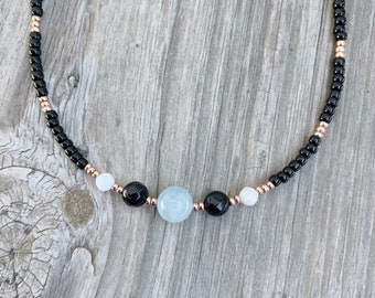 Beaded choker necklace with aquamarine onyx and moonstone, crystal choker necklace, protection necklace, march birthstone necklace