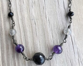 Black obsidian crystal necklace with amethyst and labradorite, crystal choker, dainty protection necklace, boho witchy necklace