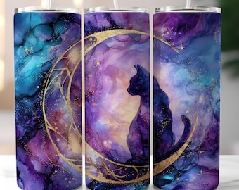 Adesivo para copo térmico com estampa de gato e lua, design para sublimação em PNG para copo térmico fino de 590ml, adesivo para copo térmico com estampa de gato, aquarela pastel e tema celestial. Download digital.