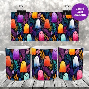 Kleurrijke Halloween-spook mokomslag png, 11oz en 15oz mokomslag sublimatie ontwerp png Aquarel herfst herfst Spooky Ghosts mokomslag png