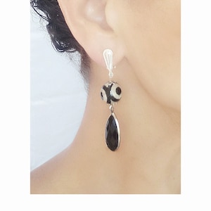 CLIP on Earrings black & white Silver 925 Clip Dangle Drop Gem Agate Beads French design Clip ons hand made Nickel free Gift for her