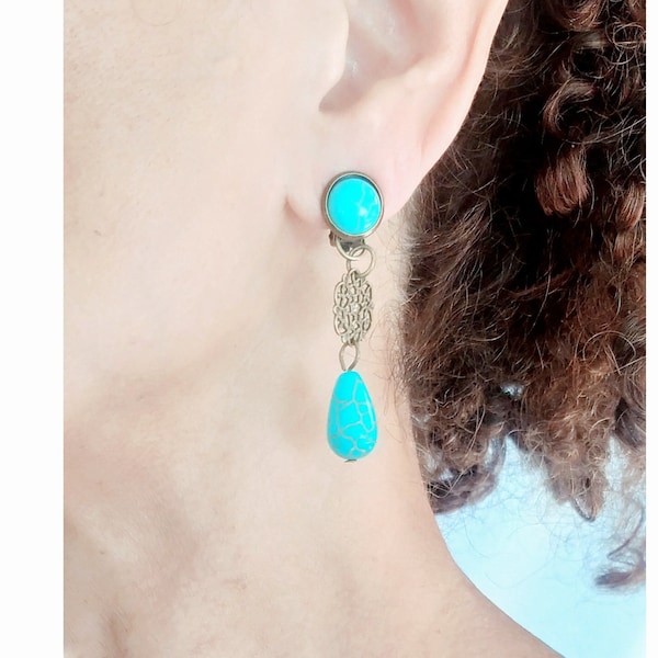 CLIPS Boucles d'oreilles clips Howlite turquoise marbrée-bronze Bijoux créateur Création française fait main Garantie sans nickel